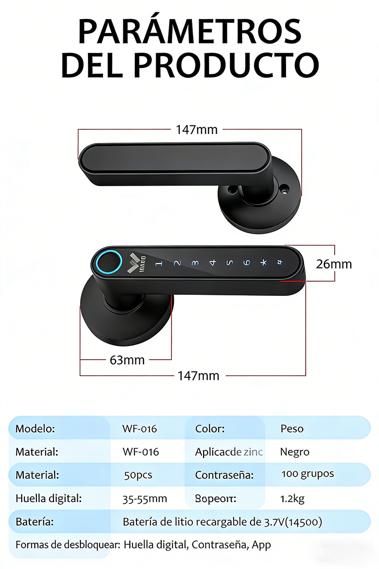 WF-016 vista general de dimensiones y parámetros de instalación