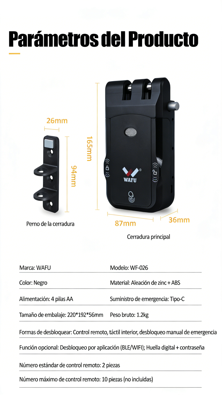 WF-026 vista general de parámetros y dimensiones
