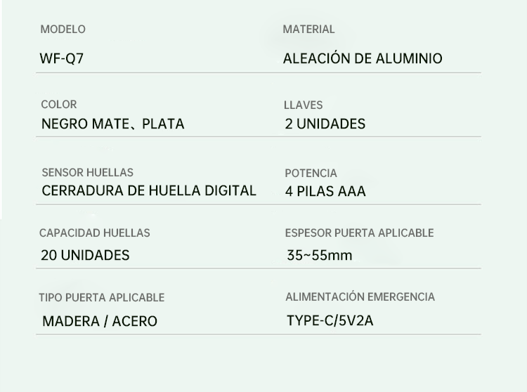 WF-Q7 resumen de parámetros: capacidad de 300 usuarios, grosor de puerta 35-55 mm