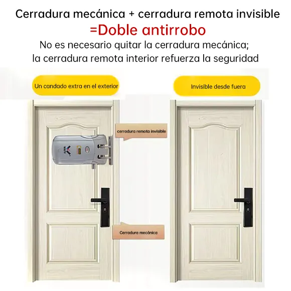 Comparación de instalación en hotel alemán — cerradura expuesta heredada vs cerradura invisible WF-019 oculta en la puerta (vistas interior y exterior)