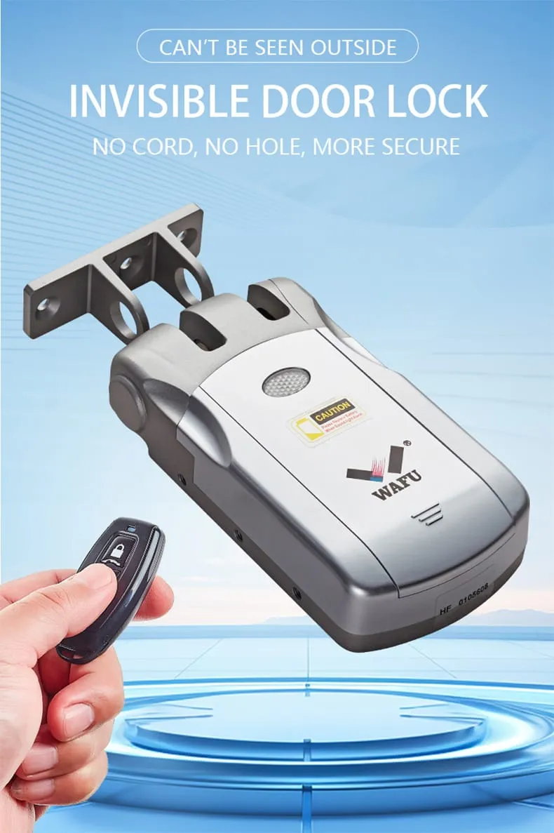 Cerradura remota invisible WAFU WF-019 — cuerpo de cerradura montado dentro de la puerta sin hardware visible en ningún lado