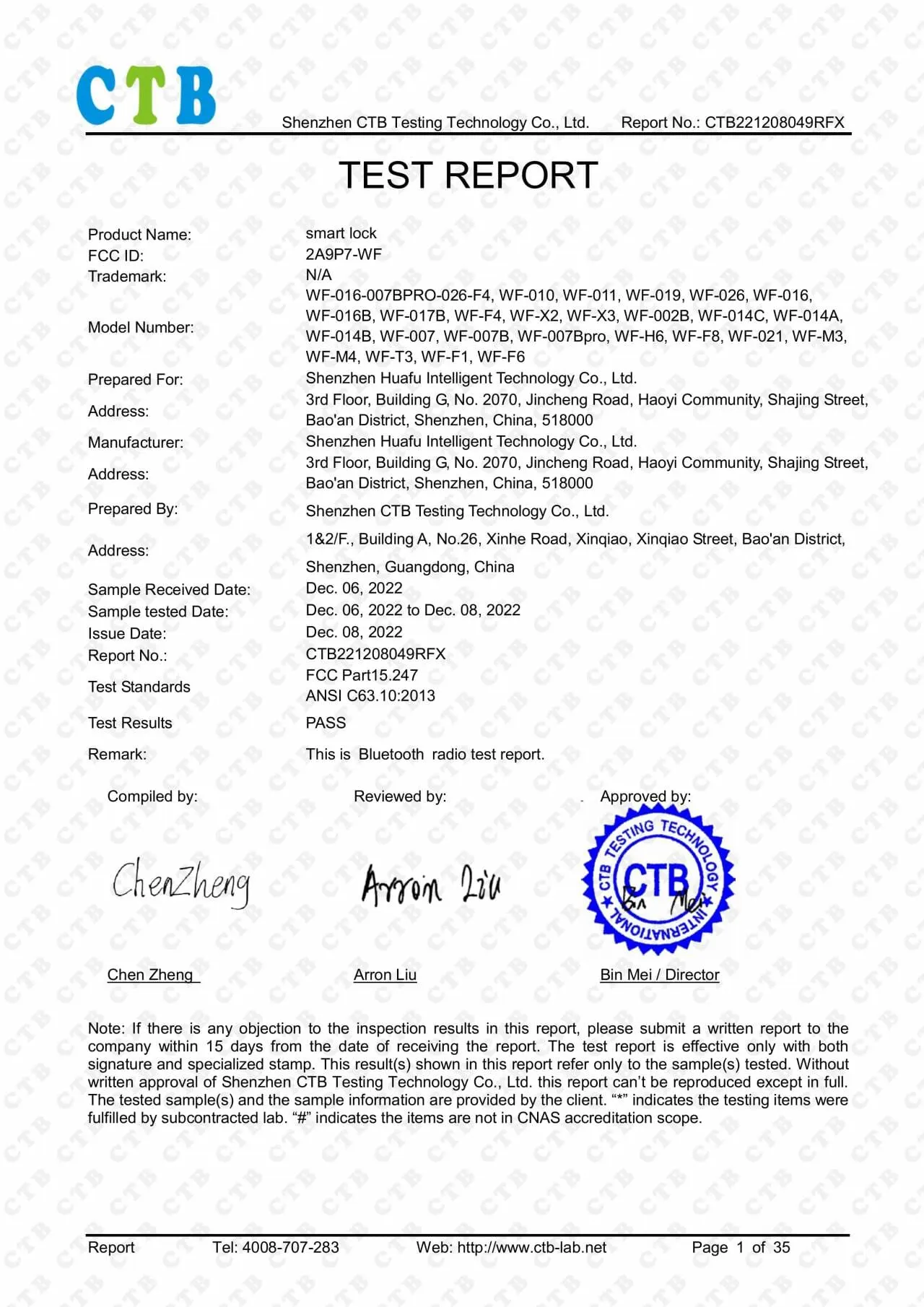Informe de cumplimiento FCC Part 15 de WAFU WF-019