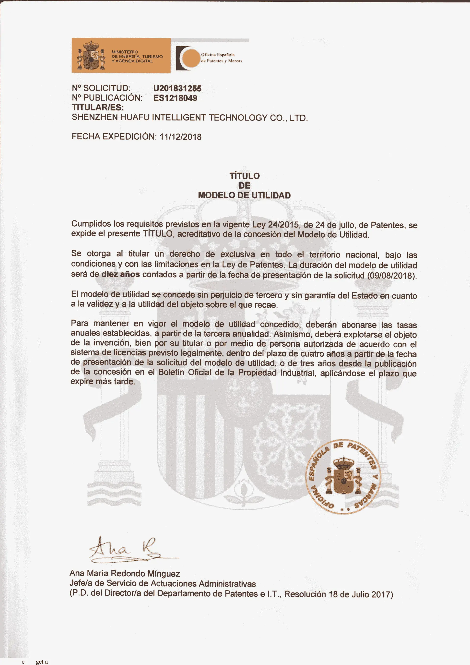 Certificados de patente internacional de cerradura inteligente WAFU