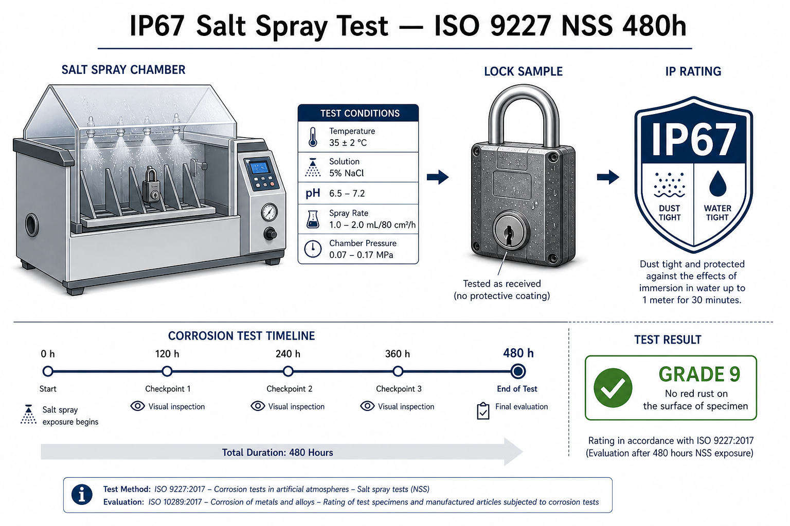 Escenario de prueba de niebla salina IP67 — ISO 9227 NSS 480 horas de grado de protección industrial