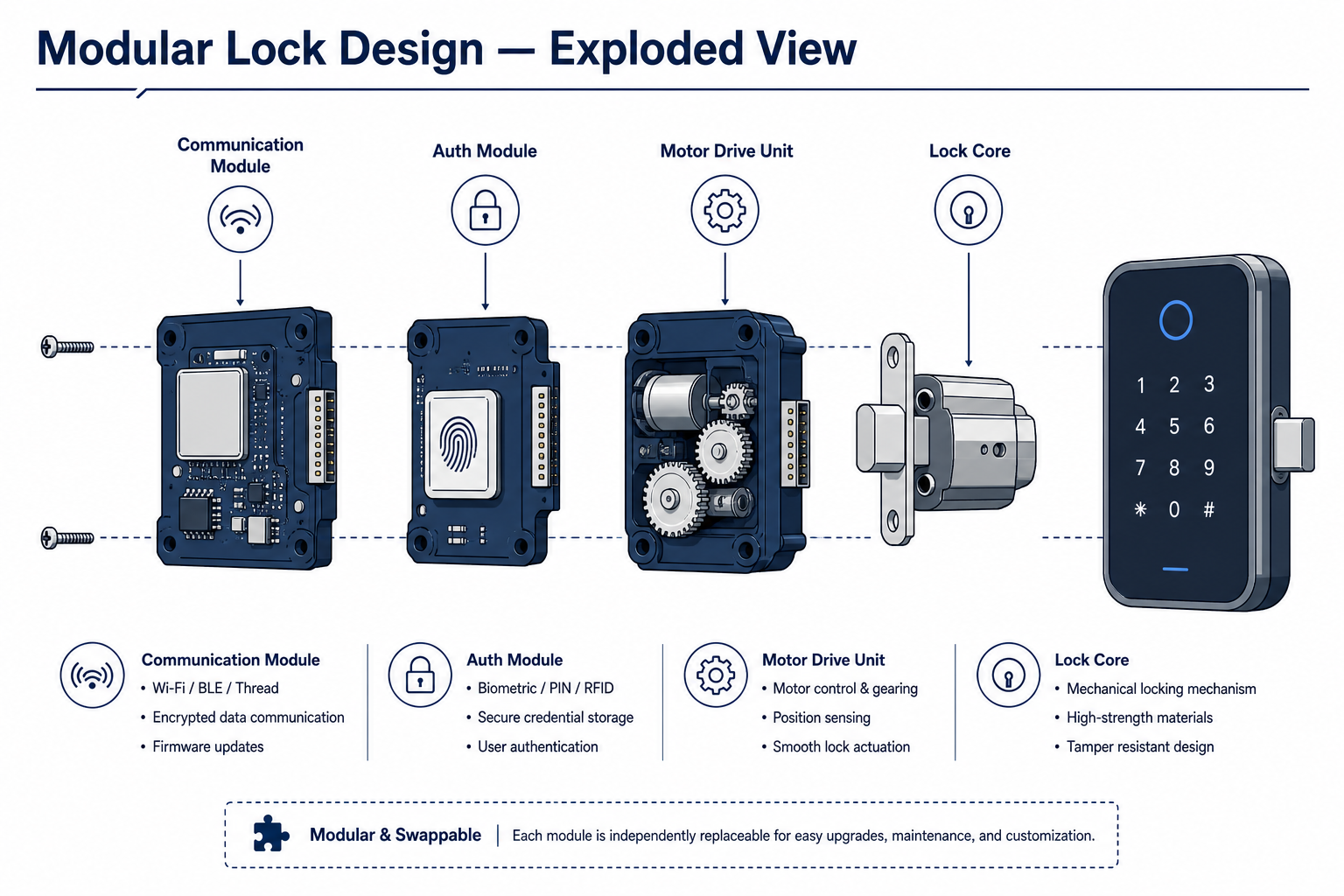 Diseño modular de cerradura — vista explosionada de módulos de comunicación y autenticación intercambiables