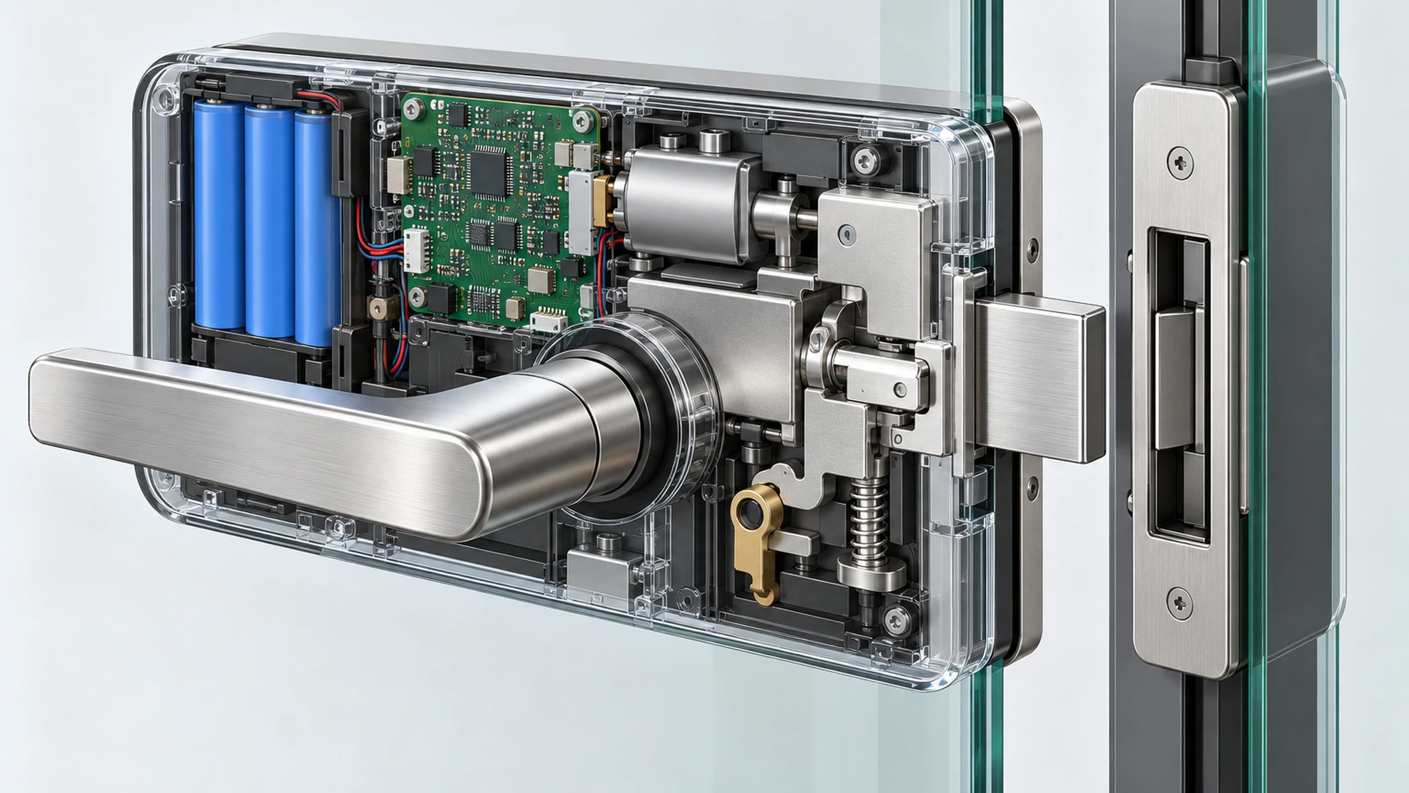 Arquitectura de alimentación y acceso de emergencia para puerta de vidrio