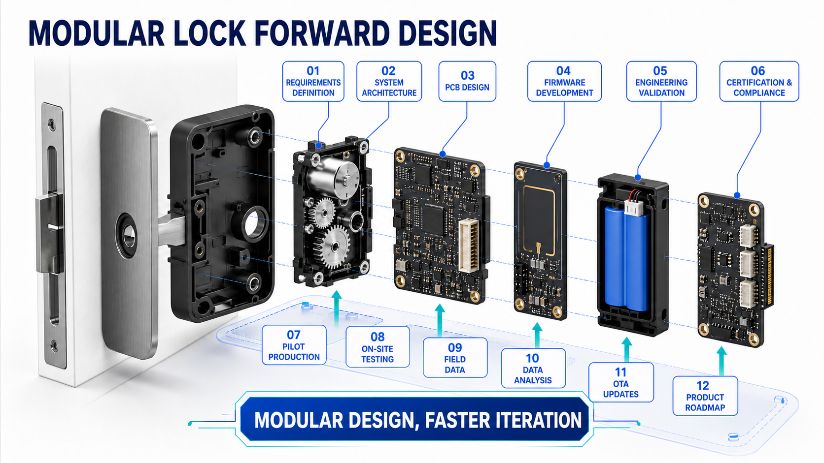Infografía inglesa de una arquitectura modular de cerradura inteligente